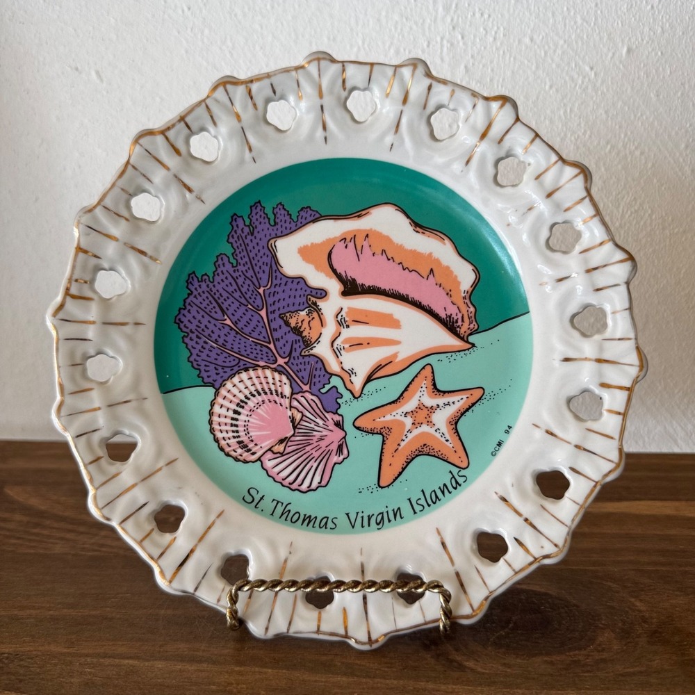 Vintage St Thomas Virgin Islands Seashell Plate Gold Trim Scalloped Edge
